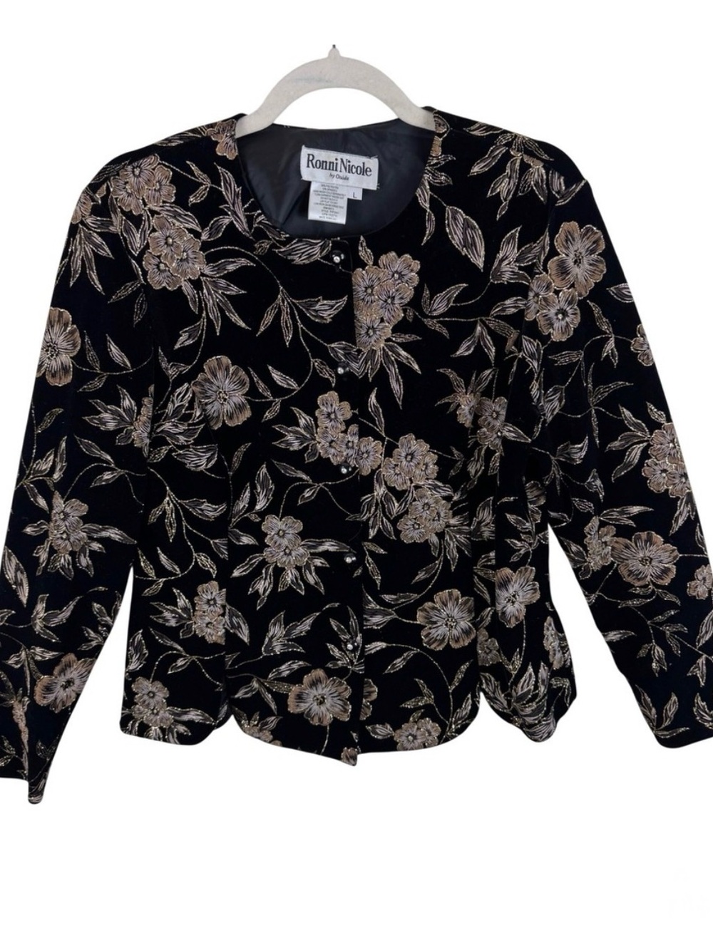 Ronni Nicole Vtg Black Velvet Glitter Floral Evening Jacket Blazer Gold Silver L